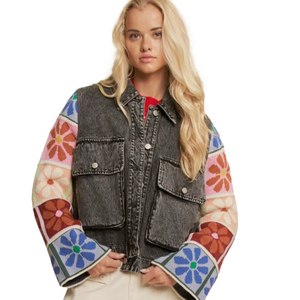 DAVI & DANI Women’s Adjustable Cuffs Multi Patch Denim Jacket (black denim)